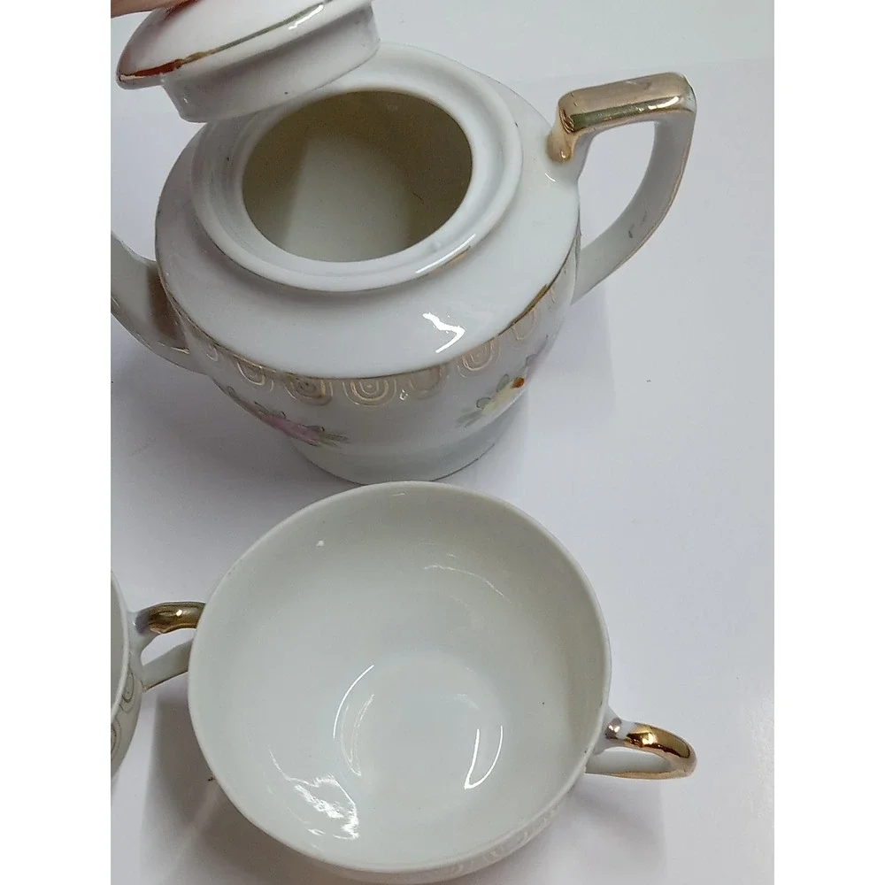 Vintage Japanese Porcelain Floral Tea Set Teapot Creamer 3 Cups Gold Trim White